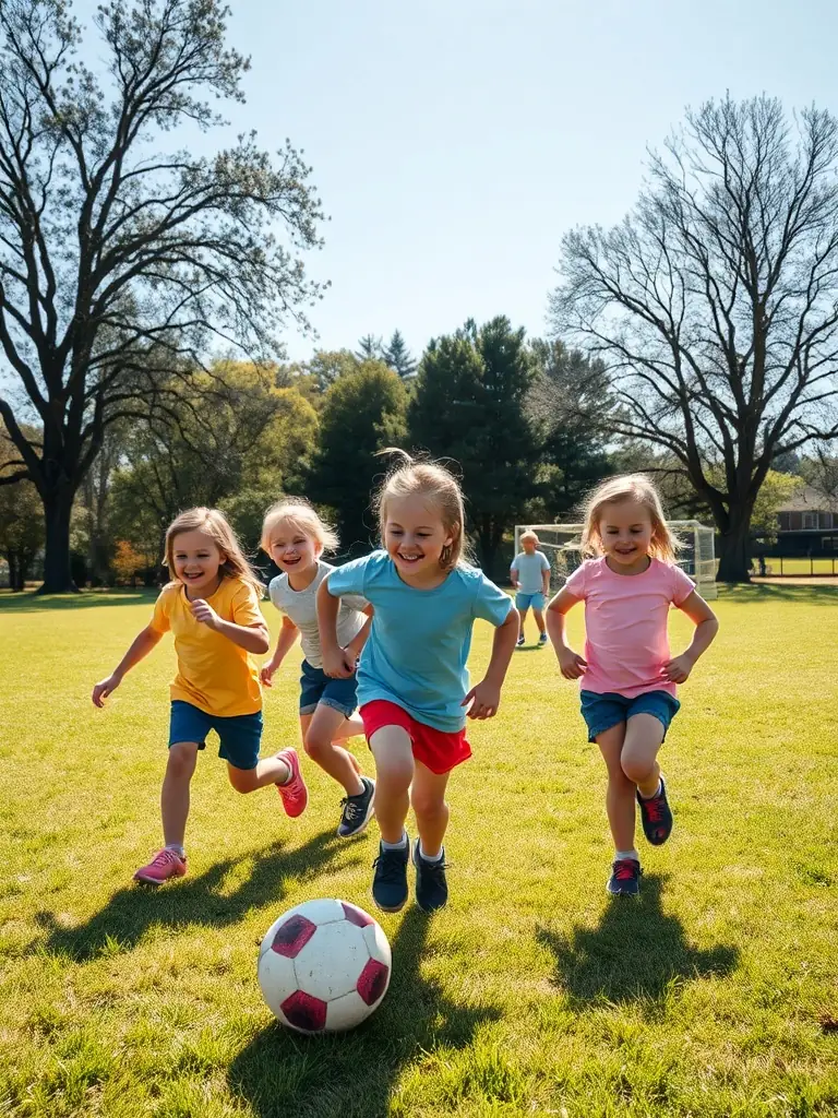 A vibrant image of children playing soccer in a local park, showcasing the joy and energy of community sports programs.