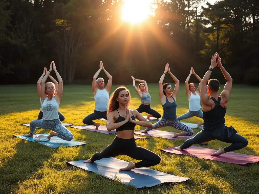 A serene image of participants in a yoga or wellness session, highlighting the leisure and wellness programs offered by SLC SPORTS. LOISIRS .CULTURE.