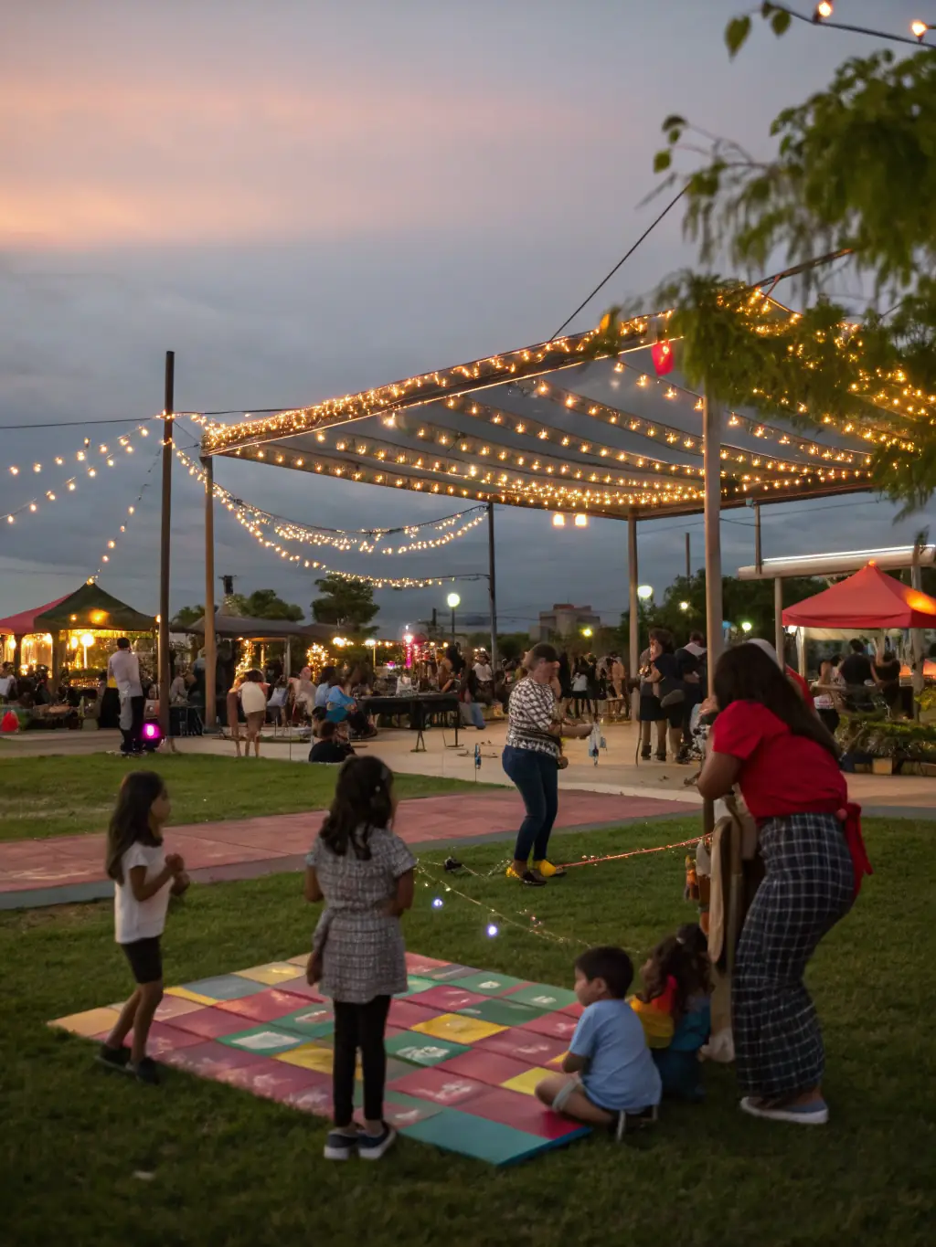 A lively image of a community festival with local artists displaying their work, musicians performing, and families enjoying the atmosphere.