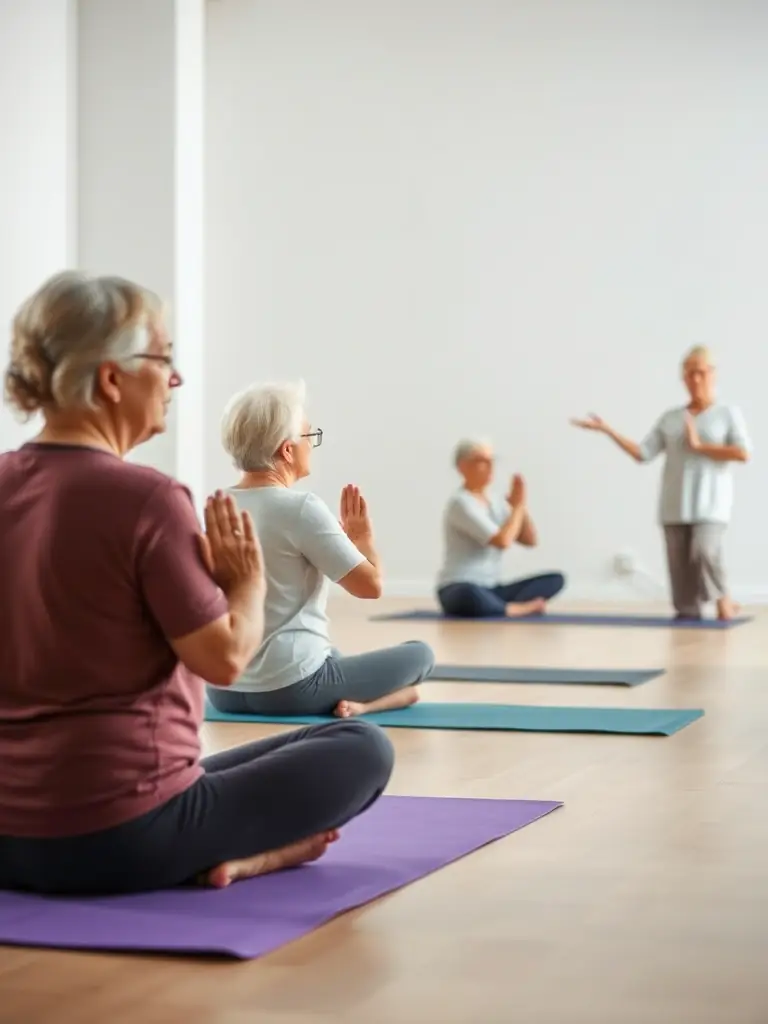 A photograph capturing a group of seniors participating in a gentle yoga class, emphasizing the inclusivity of wellness programs.
